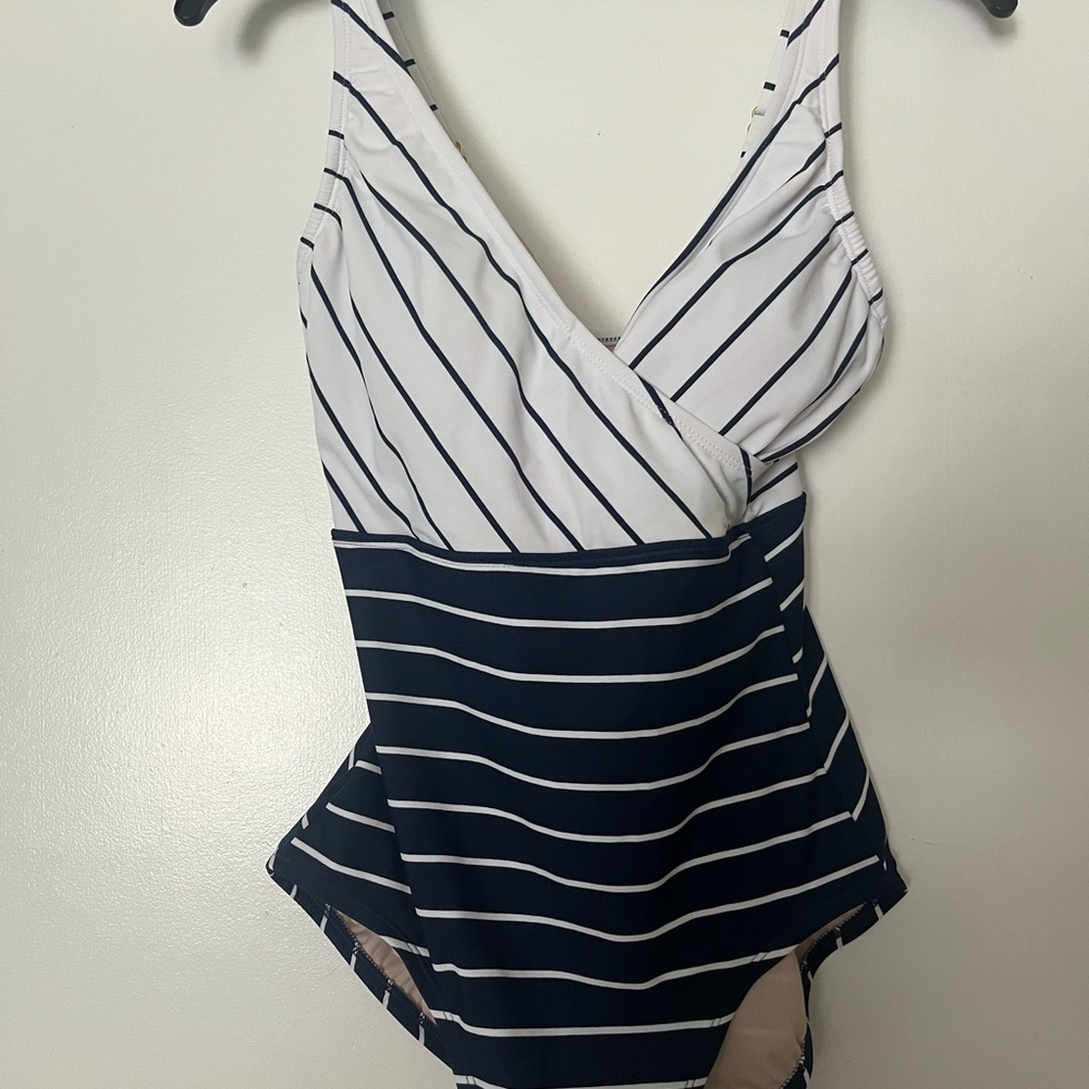 Kona Sol White and Blue One Piece Swimsuit with Nautical Stripes